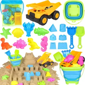 Beach Toys, Sand Toys for Toddlers 3-5, Sandbox Toys with Dump Truck, Collapsible Beach Bucket, Sand Castle Building kit, Sand Molds, Shovel Set, Mesh Bag, Travel Beach Toys for Kids Ages 4-8