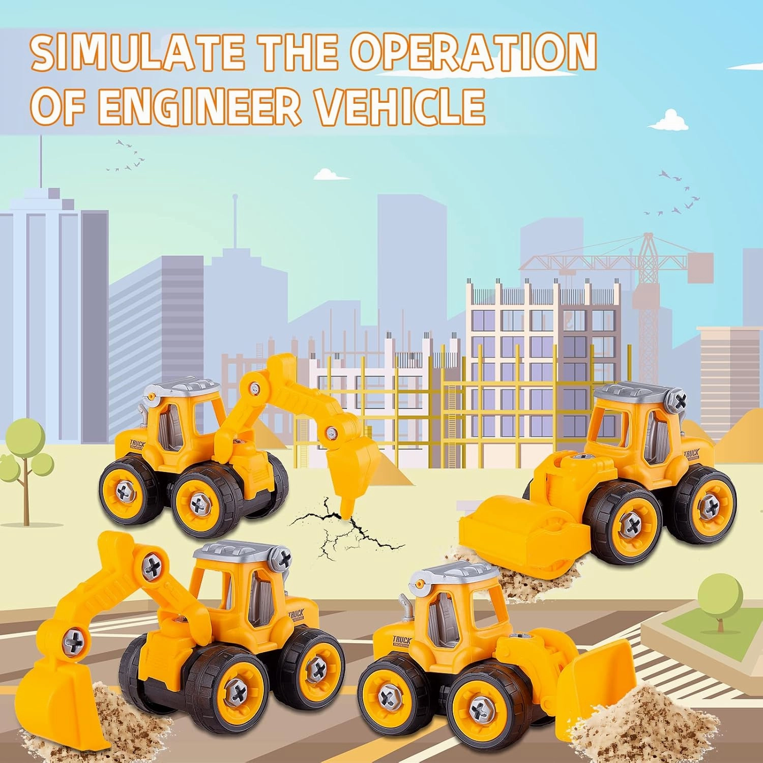 Beach Sand Toys for Toddlers Age 3-5,Outdoor Sandbox Toys, Kids Toys for 2 3 4 Year Old Boys, Stem Take Apart Construction Toys Truck, Excavator, Bulldozer, Ground Drill, Road Roller (Yellow)