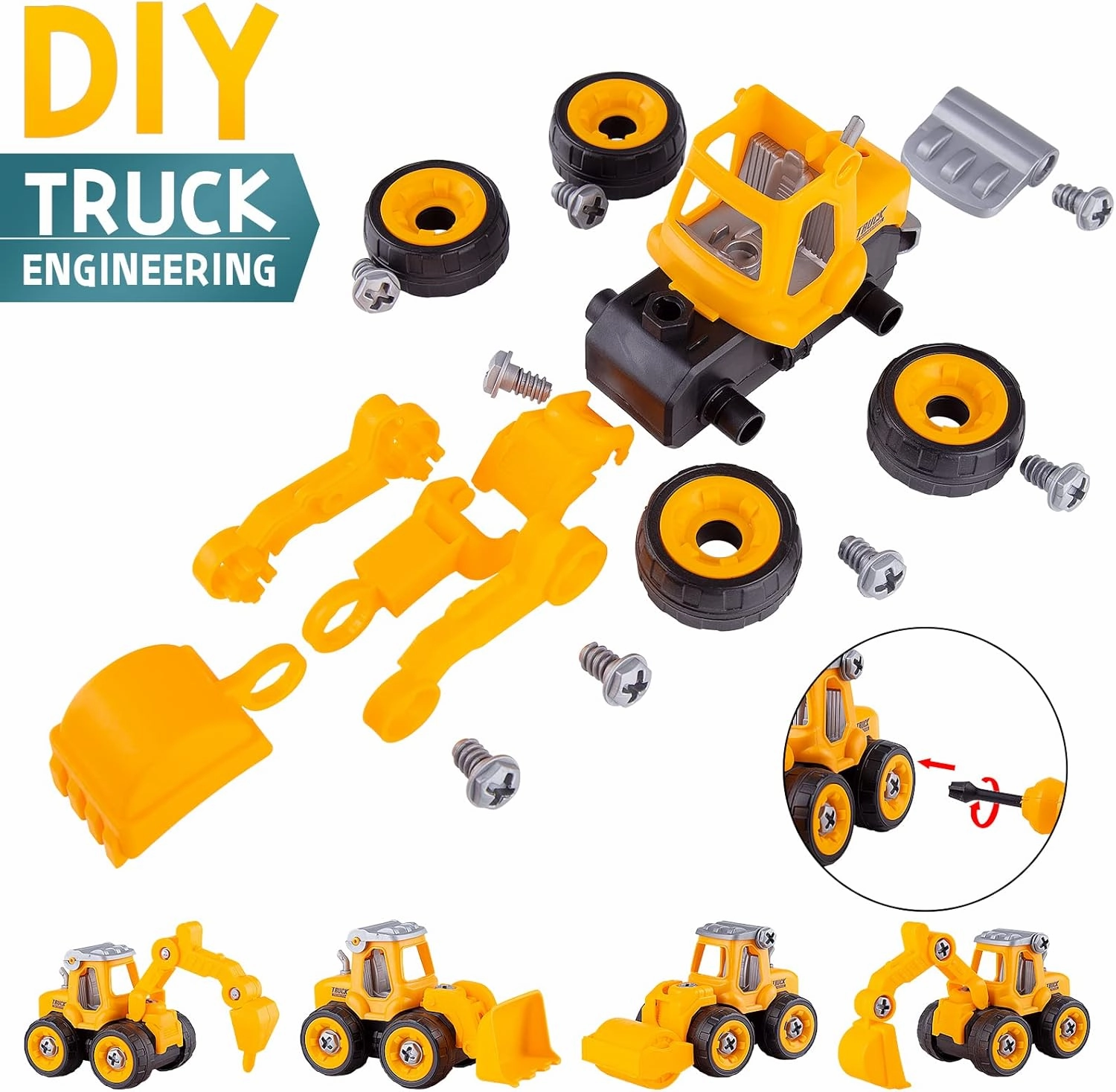 Beach Sand Toys for Toddlers Age 3-5,Outdoor Sandbox Toys, Kids Toys for 2 3 4 Year Old Boys, Stem Take Apart Construction Toys Truck, Excavator, Bulldozer, Ground Drill, Road Roller (Yellow)