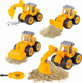 Beach Sand Toys for Toddlers Age 3-5,Outdoor Sandbox Toys, Kids Toys for 2 3 4 Year Old Boys, Stem Take Apart Construction Toys Truck, Excavator, Bulldozer, Ground Drill, Road Roller (Yellow)