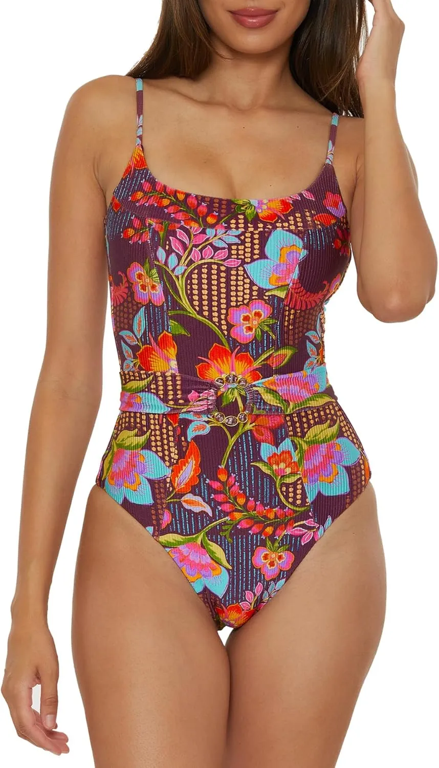 BECCA Women's Portofino One Piece Swimsuit, Floral Print, Adjustable, Bathing Suits
