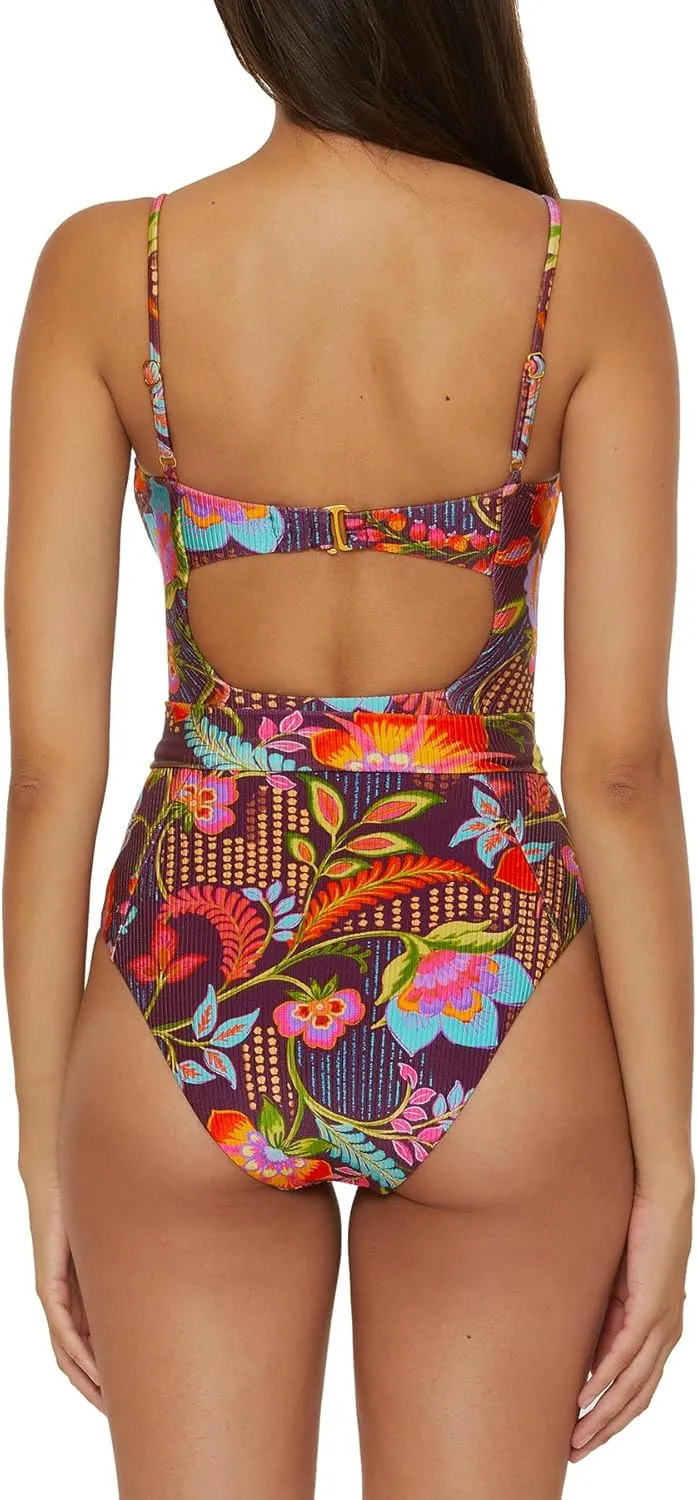 BECCA Women's Portofino One Piece Swimsuit, Floral Print, Adjustable, Bathing Suits