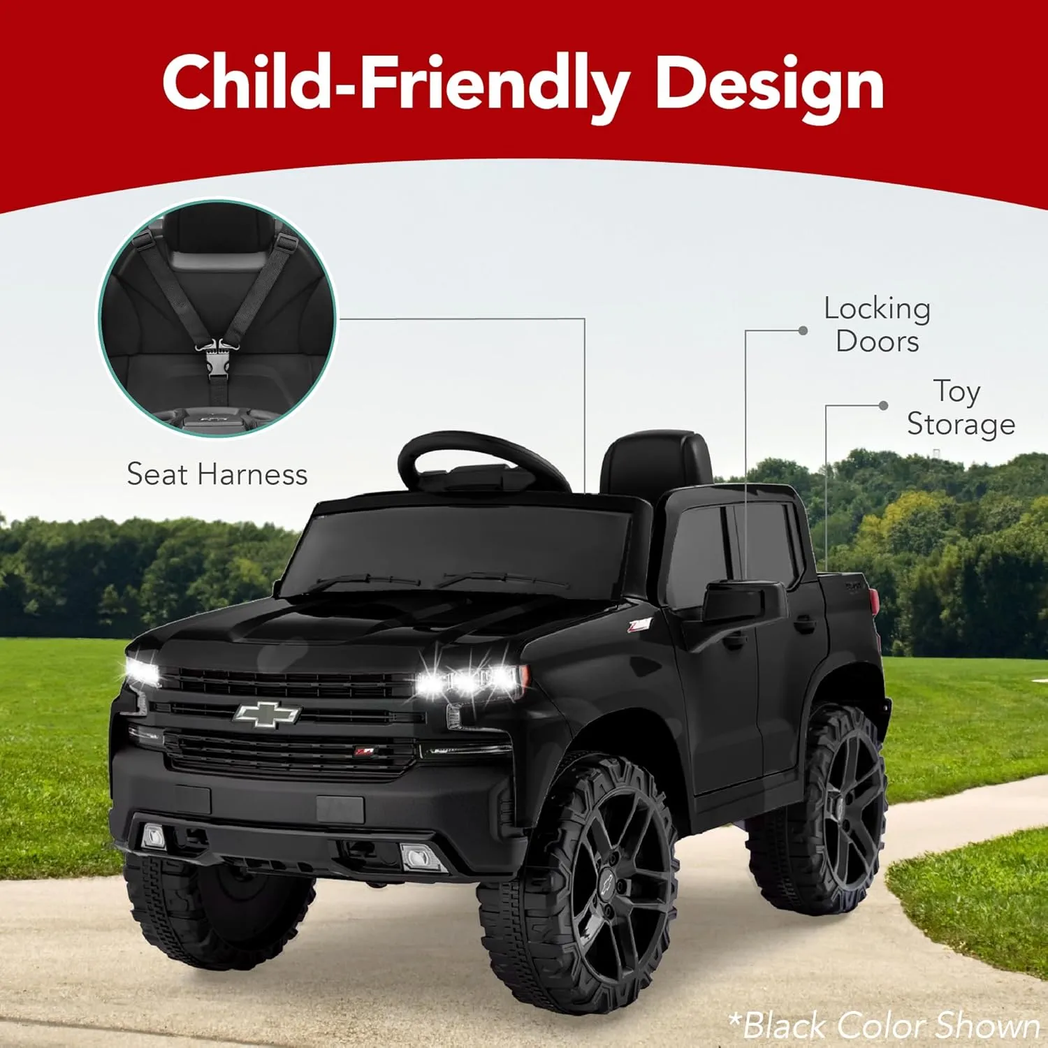 Best Choice Products 12V Licensed Chevrolet Silverado Ride On Truck, Electric Car Toy w/Parent Remote Control, Truck Bed Storage, Bluetooth Speaker, LED Lights, 2.5 MPH Max Speed - Red