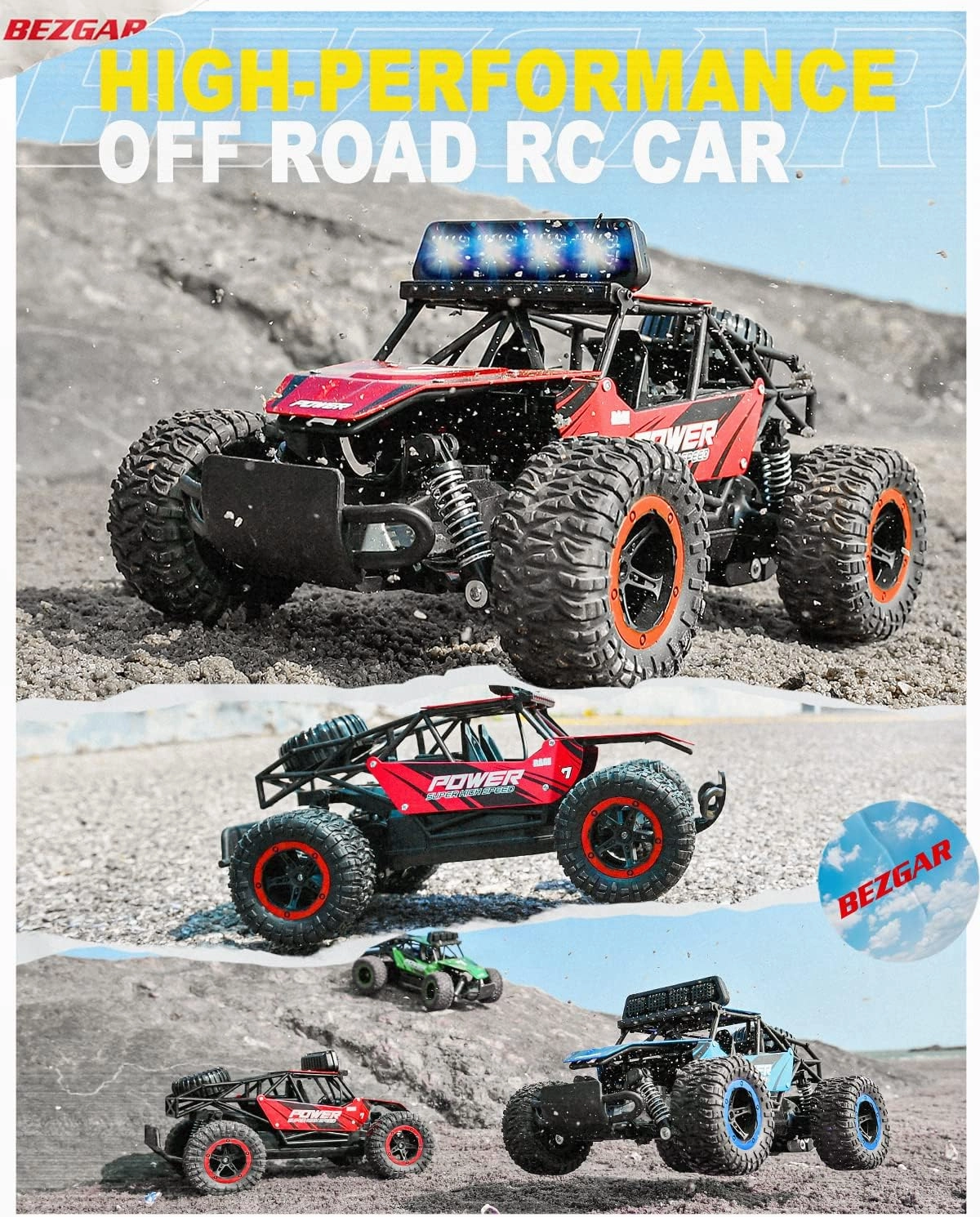 BEZGAR TB141 RC Cars-1:14 Scale Remote Control Car, 2WD High Speed 20 Km/h All Terrains Electric Toy Off Road RC Car Vehicle Truck Crawler with Two Rechargeable Batteries for Boys Kids and Adults