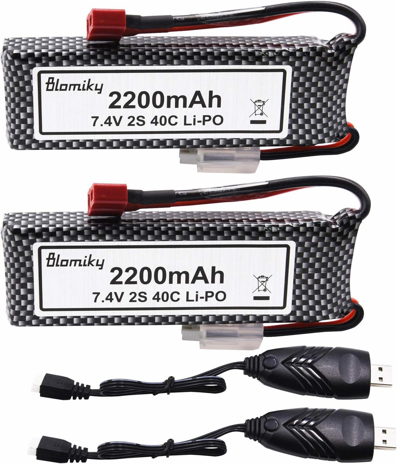 Blomiky 2 Pack 7.4V 2200mAh 16.28Wh Lipo Rechargeable Battery with T Plug and USB Charger Cable fit for 1/8 1/10 Scale WLTOYS 104001 124018 124019 RC Car Truck Helicopter Drone 124019 Battery 2