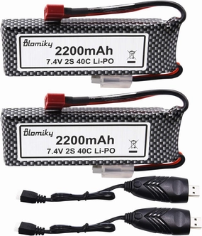 Blomiky 2 Pack 7.4V 2200mAh 16.28Wh Lipo Rechargeable Battery with T Plug and USB Charger Cable fit for 1/8 1/10 Scale WLTOYS 104001 124018 124019 RC Car Truck Helicopter Drone 124019 Battery 2