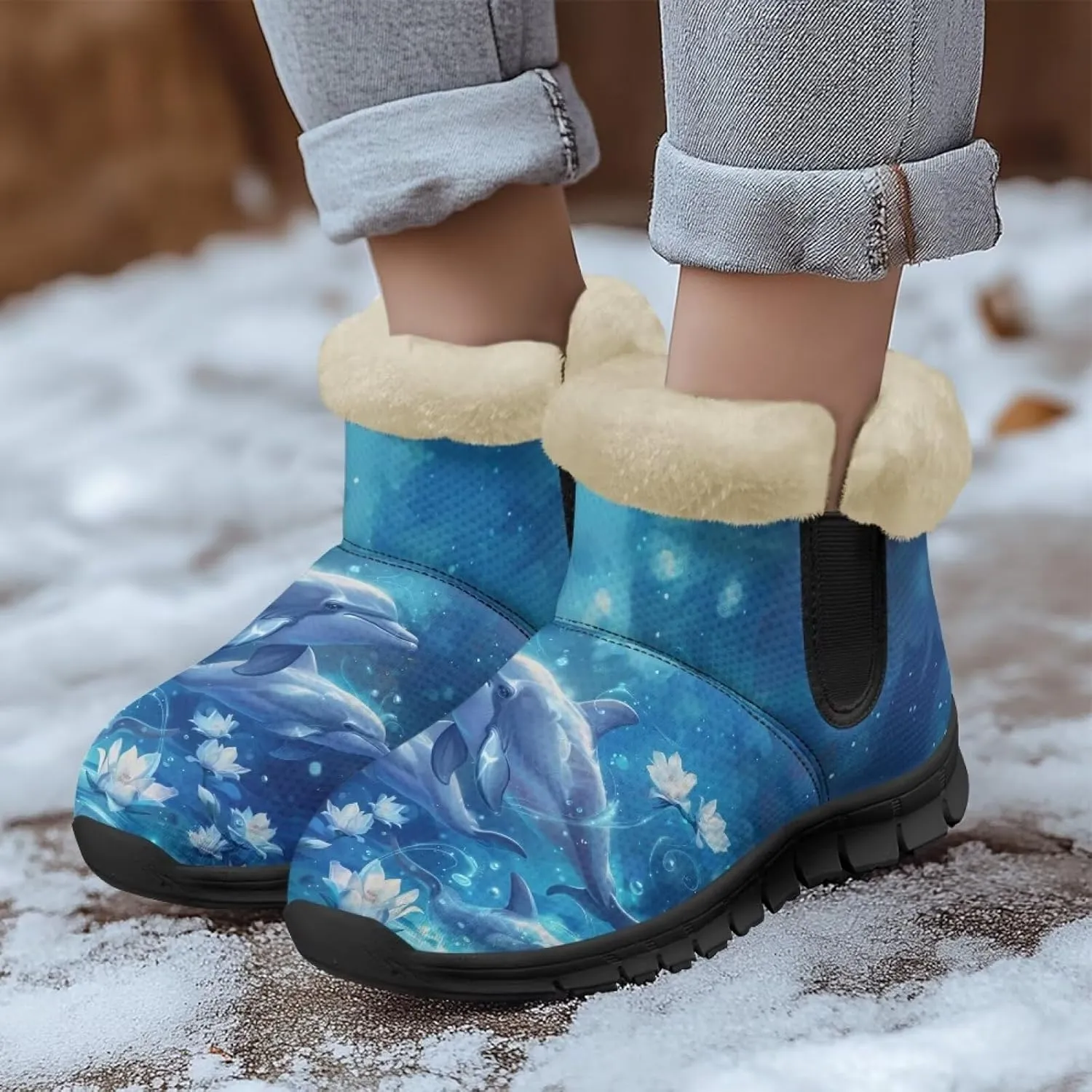 Blue Snow Boots for Women Fuzzy Ankle Booties Hiking Boots Non Slip Warm Casual Walking Boots