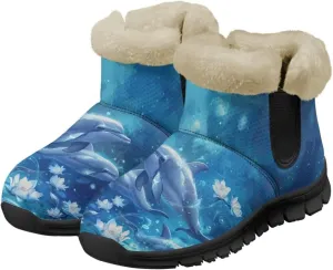 Blue Snow Boots for Women Fuzzy Ankle Booties Hiking Boots Non Slip Warm Casual Walking Boots