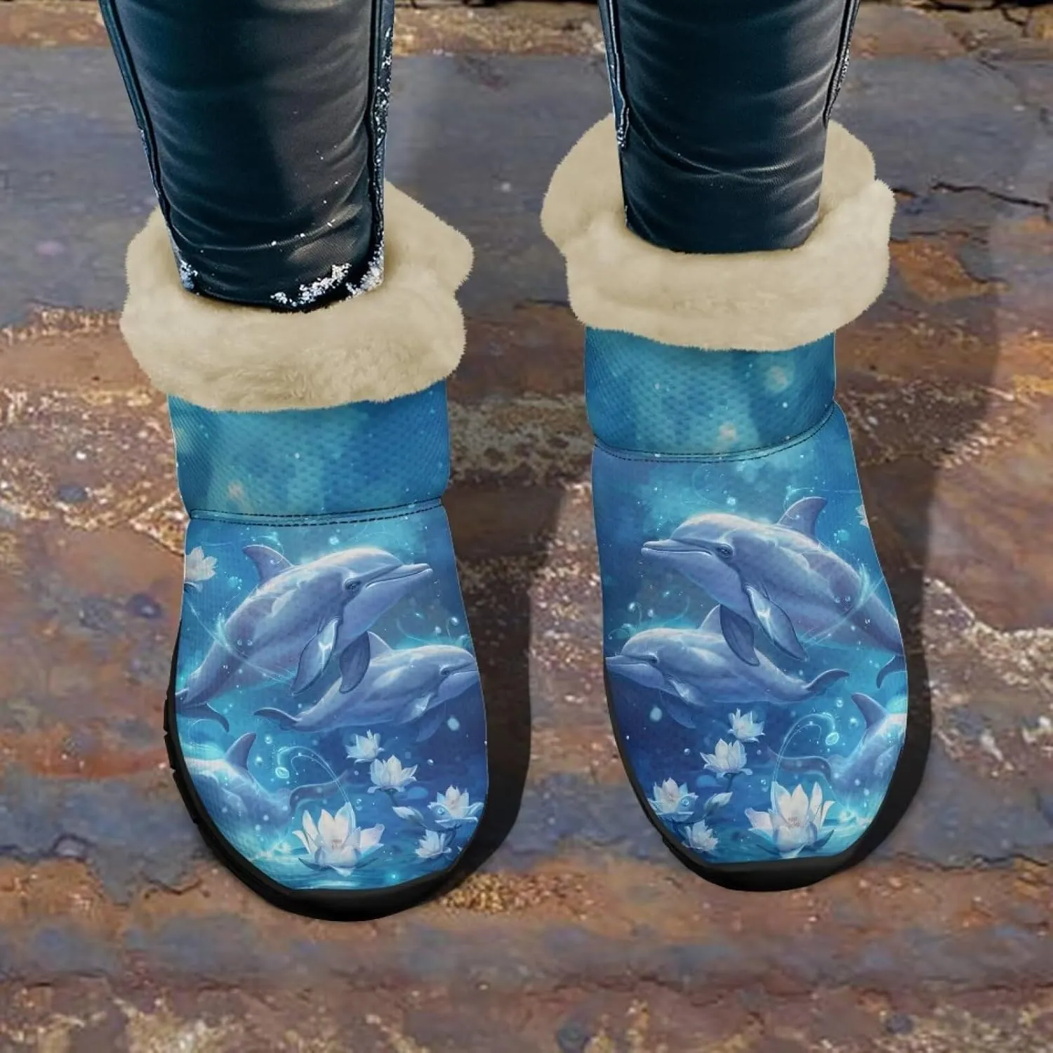 Blue Snow Boots for Women Fuzzy Ankle Booties Hiking Boots Non Slip Warm Casual Walking Boots