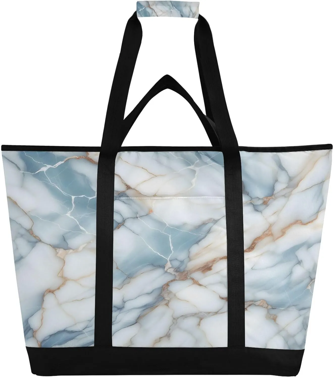 Blue White Marble Texture Reusable Insulated Lunchbox Cooler Bag, Leakproof Kitchen Grocery Bag Collapsible Portable Cooler Tote Bag for Picnic, Camping, Office, Travel