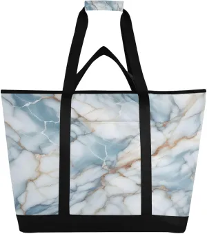 Blue White Marble Texture Reusable Insulated Lunchbox Cooler Bag, Leakproof Kitchen Grocery Bag Collapsible Portable Cooler Tote Bag for Picnic, Camping, Office, Travel