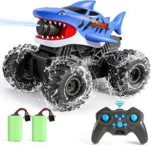 BOBXIN Amphibious Remote Control Car with Water Squirt,4WD All-Terrain Off-Road Waterproof Shark RC Monster Truck,2.4Ghz Outdoor RC Water Car Boat Toy for Kids Age 6 