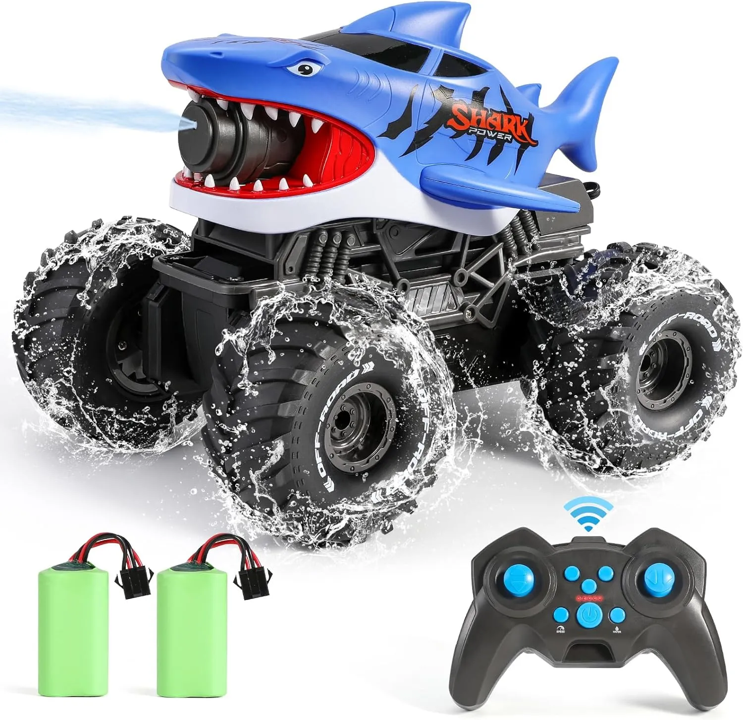 BOBXIN Amphibious Remote Control Car with Water Squirt,4WD All-Terrain Off-Road Waterproof Shark RC Monster Truck,2.4Ghz Outdoor RC Water Car Boat Toy for Kids Age 6 