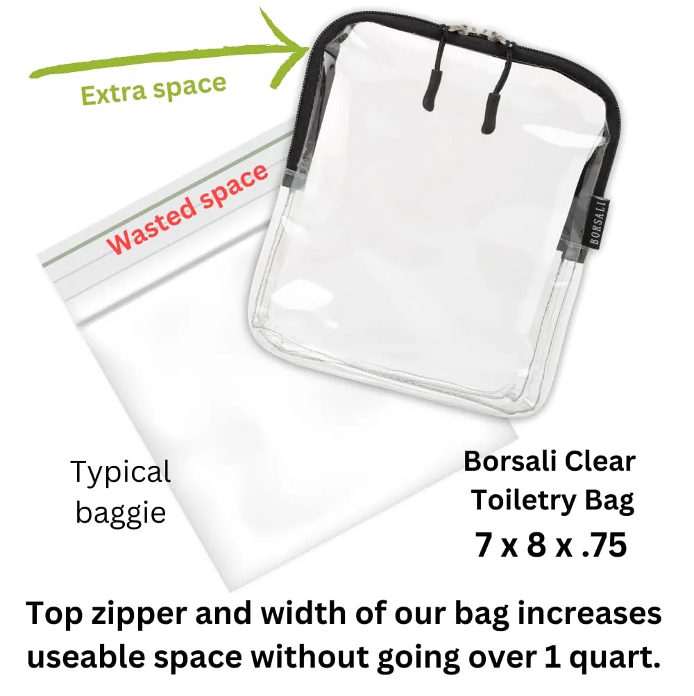BORSALI TSA-Approved Quart-Sized Bag for Carry-on Travel - One (1) Quart Clear Toiletries, Cosmetic and 3-1-1 Liquids Toiletry Bag - Set of 3