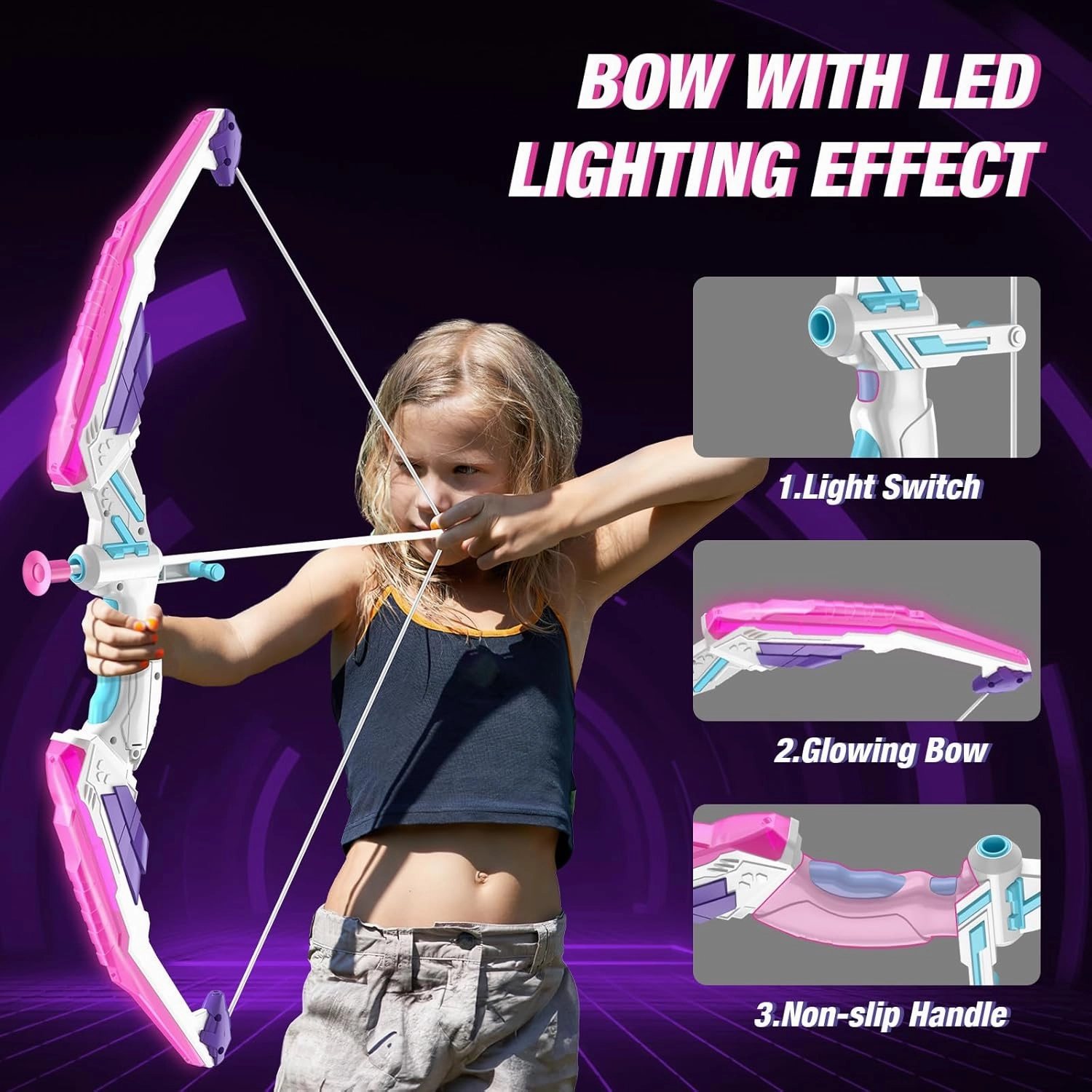 Bow and Arrow for Kids, LED Light Up Archery Set with 12 Suction Cup Arrows, 1 Hanging Target, 3 Score Targets & 1 Quiver, Indoor Outdoor Sport Gifts for Boys Girls Ages 4-12, Purple