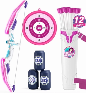 Bow and Arrow for Kids, LED Light Up Archery Set with 12 Suction Cup Arrows, 1 Hanging Target, 3 Score Targets & 1 Quiver, Indoor Outdoor Sport Gifts for Boys Girls Ages 4-12, Purple