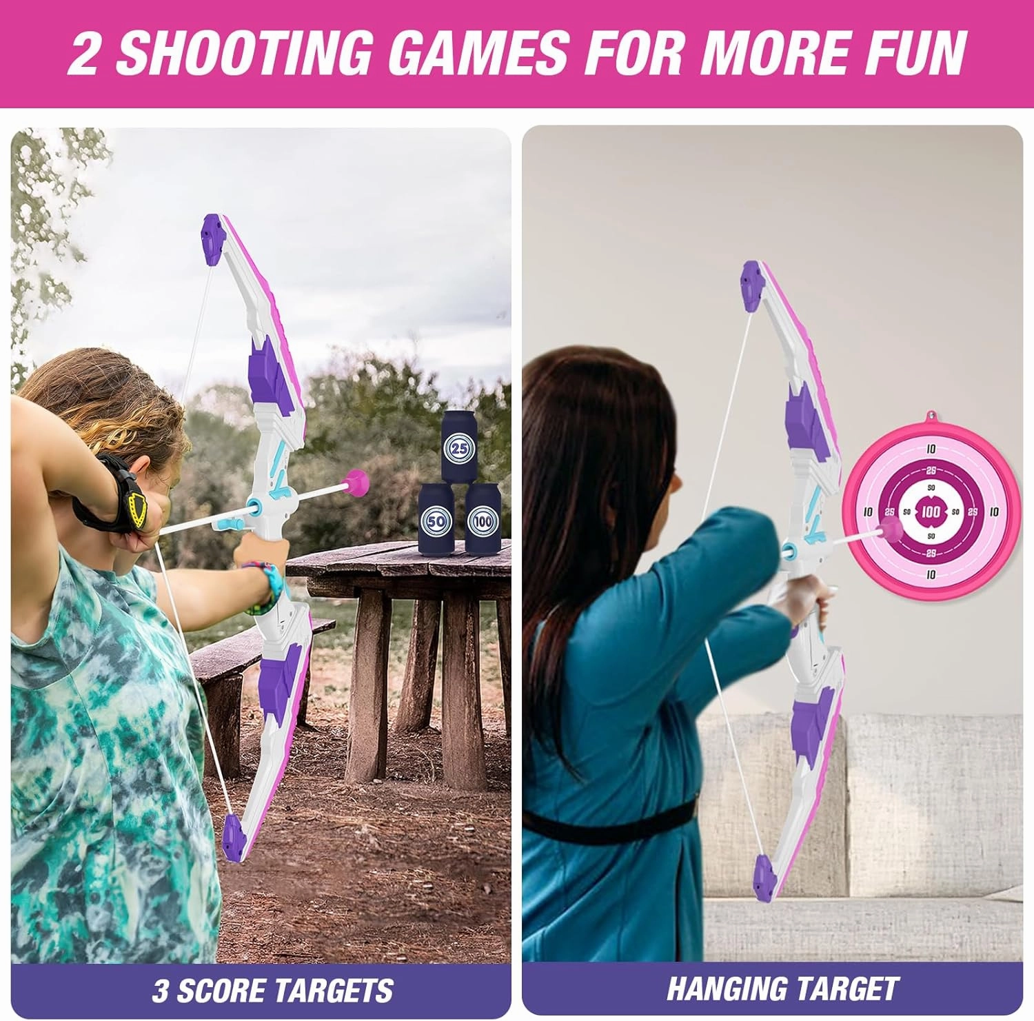 Bow and Arrow for Kids, LED Light Up Archery Set with 12 Suction Cup Arrows, 1 Hanging Target, 3 Score Targets & 1 Quiver, Indoor Outdoor Sport Gifts for Boys Girls Ages 4-12, Purple
