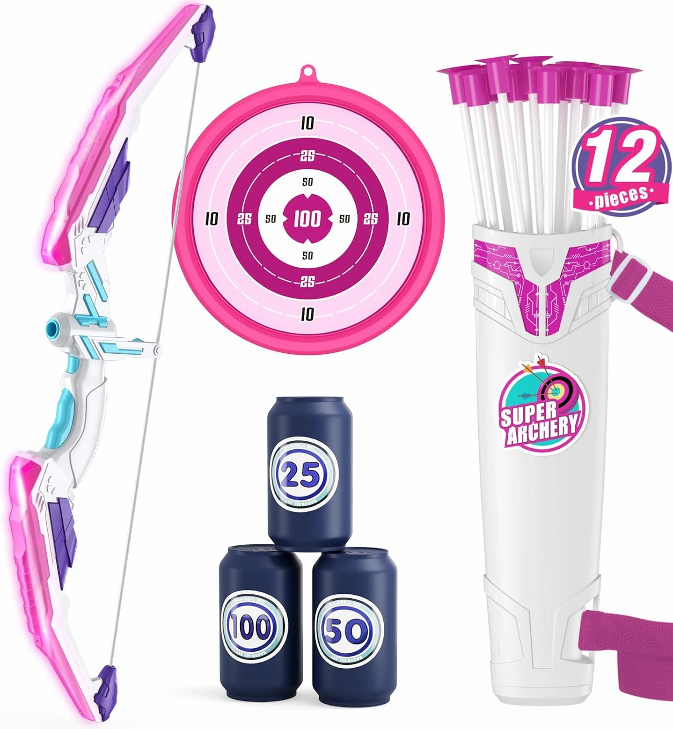 Bow and Arrow for Kids, LED Light Up Archery Set with 12 Suction Cup Arrows, 1 Hanging Target, 3 Score Targets & 1 Quiver, Indoor Outdoor Sport Gifts for Boys Girls Ages 4-12, Purple