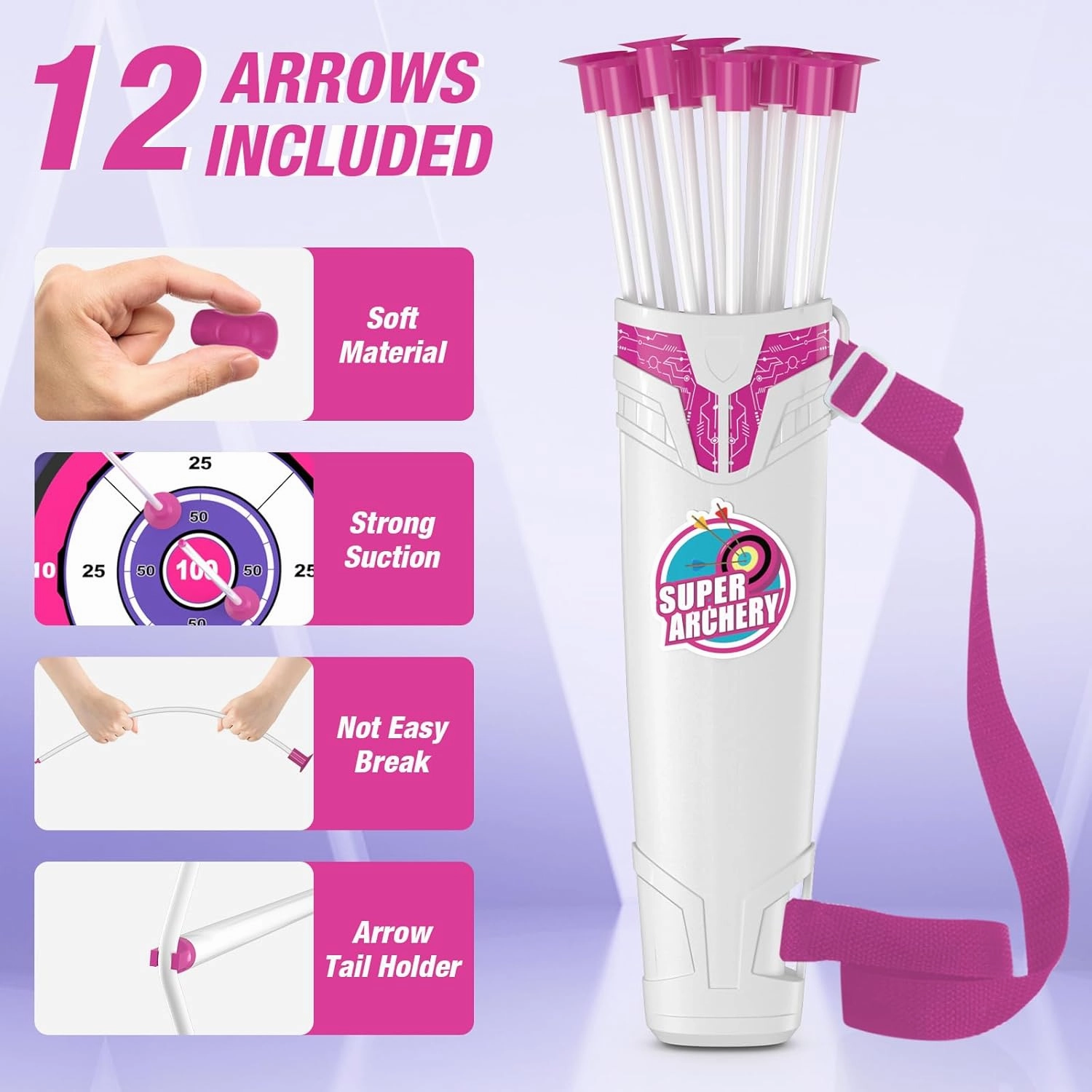 Bow and Arrow for Kids, LED Light Up Archery Set with 12 Suction Cup Arrows, 1 Hanging Target, 3 Score Targets & 1 Quiver, Indoor Outdoor Sport Gifts for Boys Girls Ages 4-12, Purple