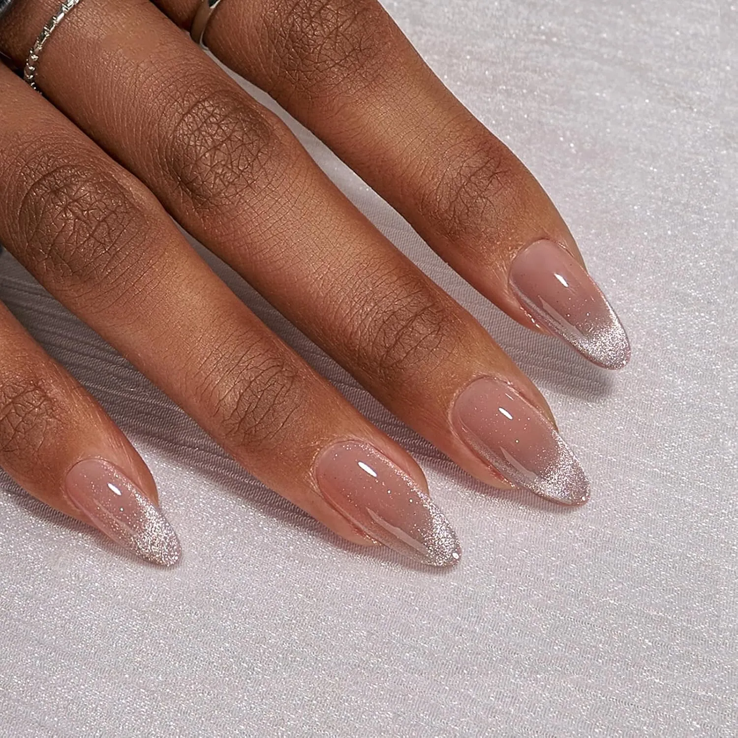 BTArtbox Press On Nails Almond - Spring Cat Eye Press On Nails Medium, French Tip Soft Gel Nails for Daily Nail Art, Fake Nail Extensions In 15 Sizes - 30 Nail Kit, Liquid Radiance