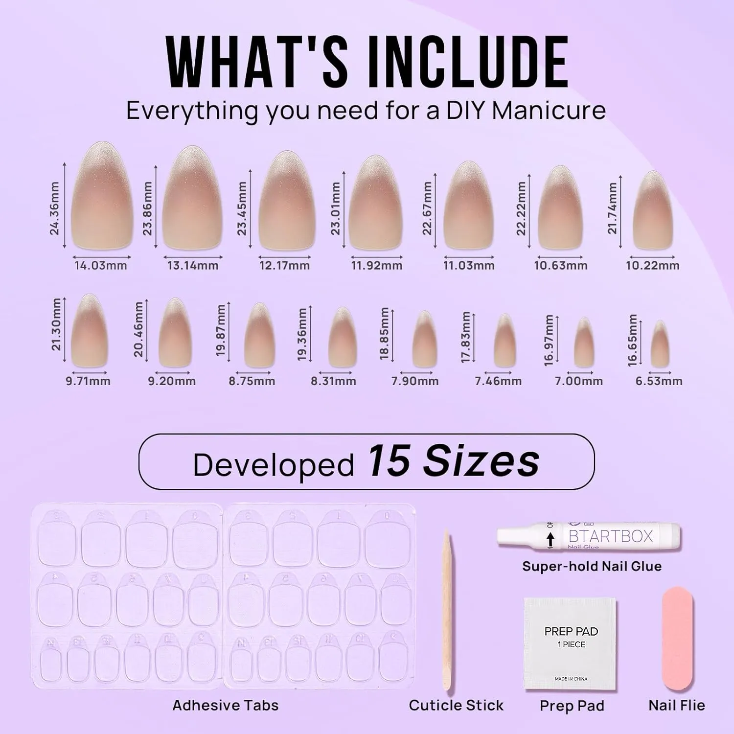 BTArtbox Press On Nails Almond - Spring Cat Eye Press On Nails Medium, French Tip Soft Gel Nails for Daily Nail Art, Fake Nail Extensions In 15 Sizes - 30 Nail Kit, Liquid Radiance