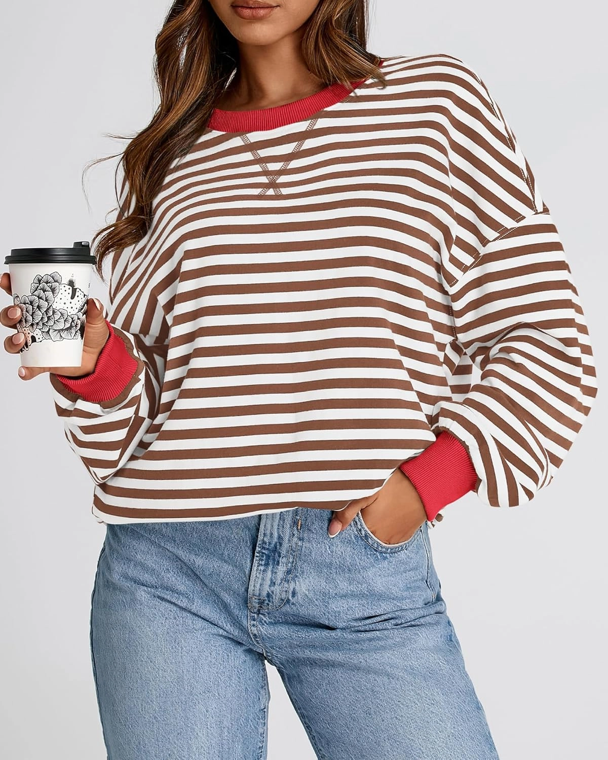 BTFBM Womens Oversized Striped Sweatshirt Crewneck Long Sleeve Pullover Top Casual Y2K Fall Clothes 2025 Workout Shirt