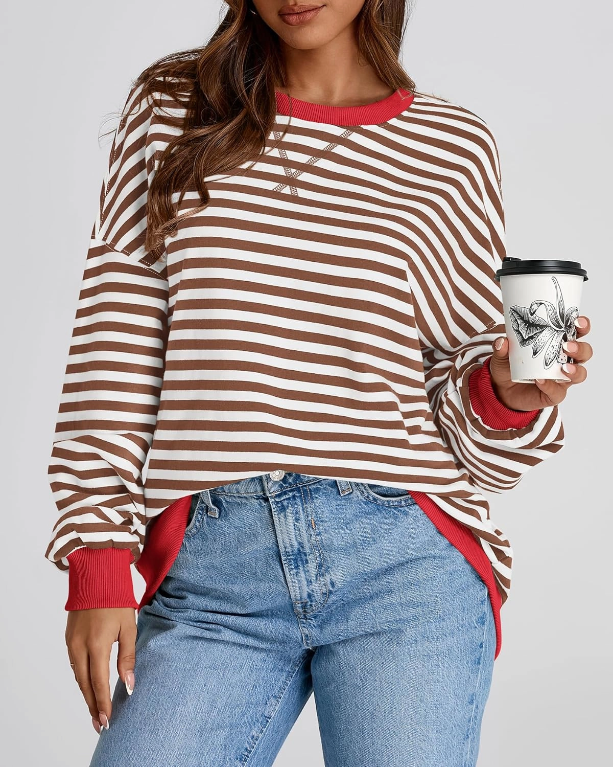 BTFBM Womens Oversized Striped Sweatshirt Crewneck Long Sleeve Pullover Top Casual Y2K Fall Clothes 2025 Workout Shirt