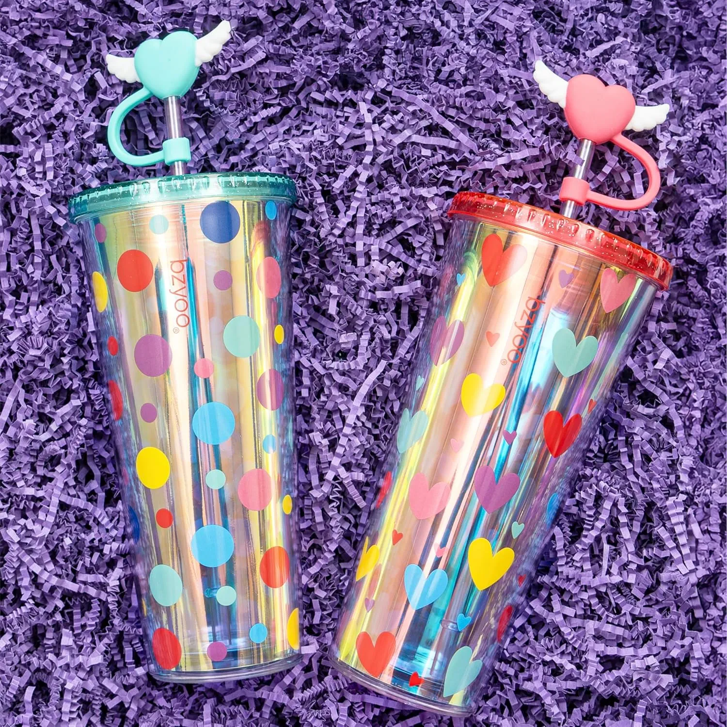 bzyoo 24 oz SIP Tumbler with Heart-Shaped w/Wing Straw Cap Cover– Cute DotDot Design Iridescent Tumbler, BPA-Free Cup with Lid and Straw, Perfect for Iced Coffee, Tea, Party and Gift