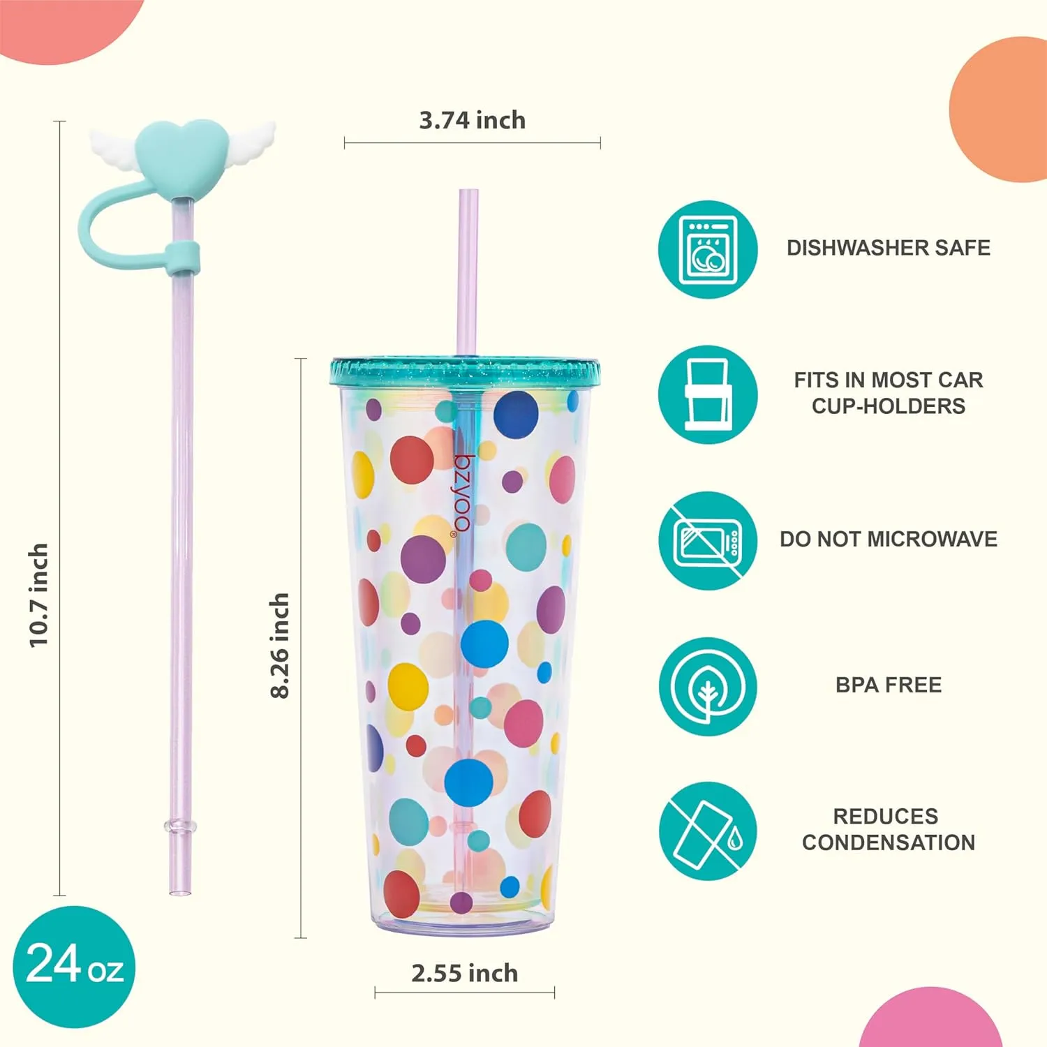bzyoo 24 oz SIP Tumbler with Heart-Shaped w/Wing Straw Cap Cover– Cute DotDot Design Iridescent Tumbler, BPA-Free Cup with Lid and Straw, Perfect for Iced Coffee, Tea, Party and Gift