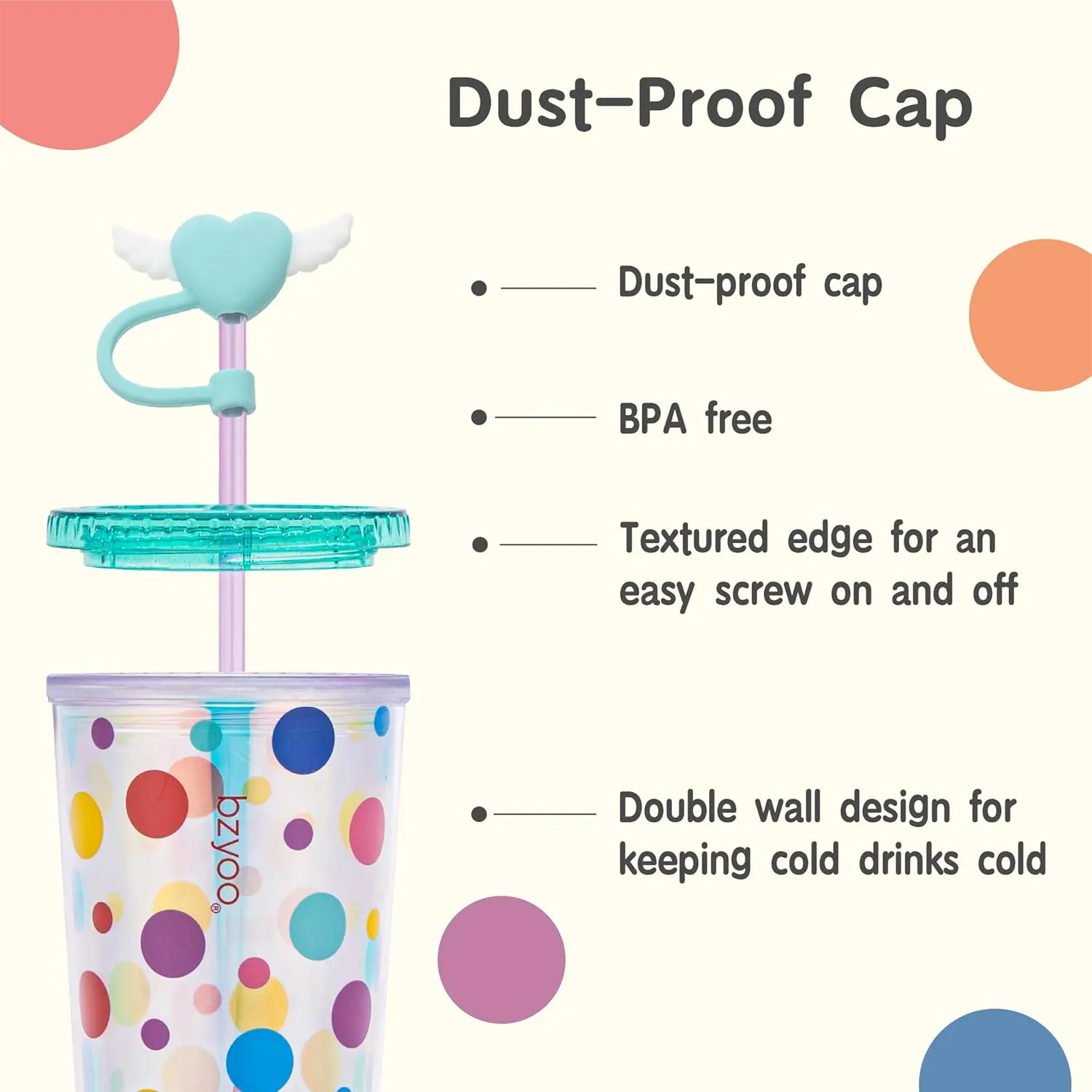 bzyoo 24 oz SIP Tumbler with Heart-Shaped w/Wing Straw Cap Cover– Cute DotDot Design Iridescent Tumbler, BPA-Free Cup with Lid and Straw, Perfect for Iced Coffee, Tea, Party and Gift