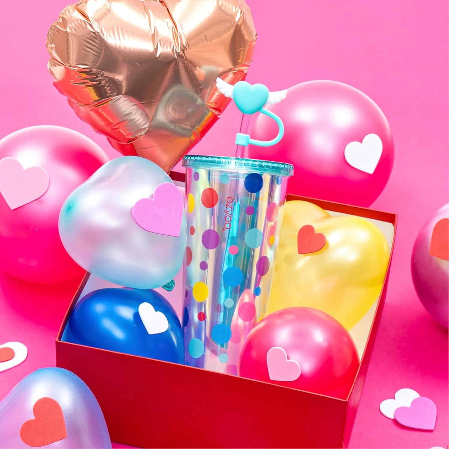 bzyoo 24 oz SIP Tumbler with Heart-Shaped w/Wing Straw Cap Cover– Cute DotDot Design Iridescent Tumbler, BPA-Free Cup with Lid and Straw, Perfect for Iced Coffee, Tea, Party and Gift