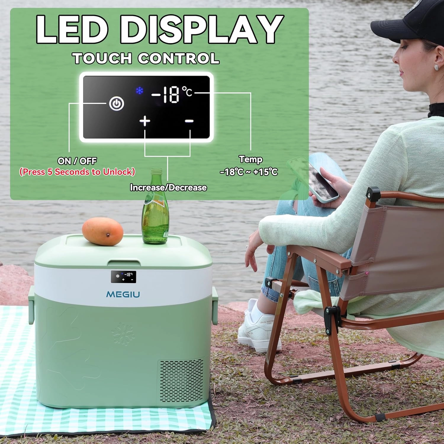 Car Fridge Portable 12 Volt Refrigerator 23 Quart (22 Liter) Freezer Compressor Cooler 12V/24V DC 110～240 V AC for Outdoor, Camping, Travel, Home Use -18℃~ 15℃ (Green)