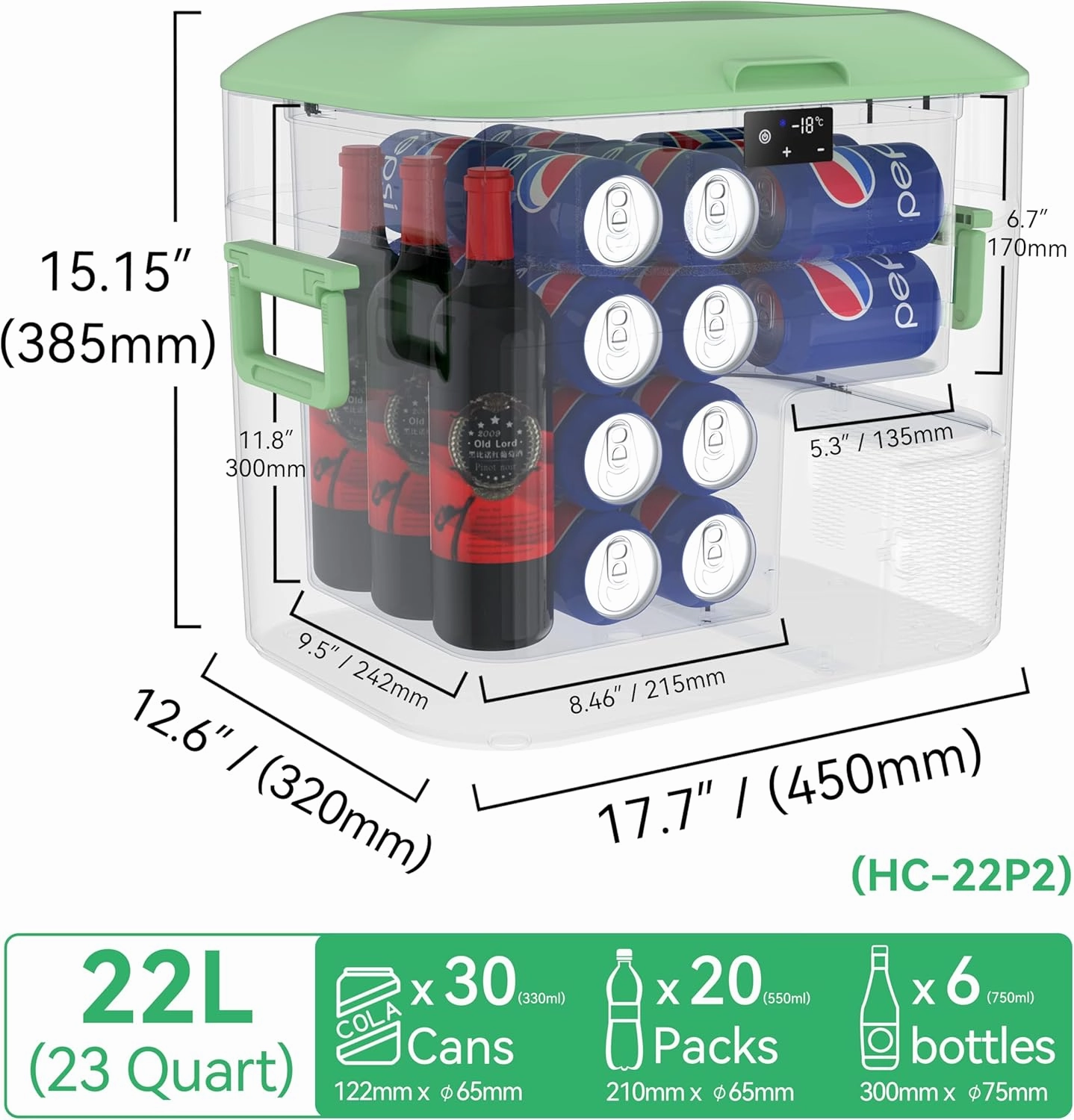 Car Fridge Portable 12 Volt Refrigerator 23 Quart (22 Liter) Freezer Compressor Cooler 12V/24V DC 110～240 V AC for Outdoor, Camping, Travel, Home Use -18℃~ 15℃ (Green)