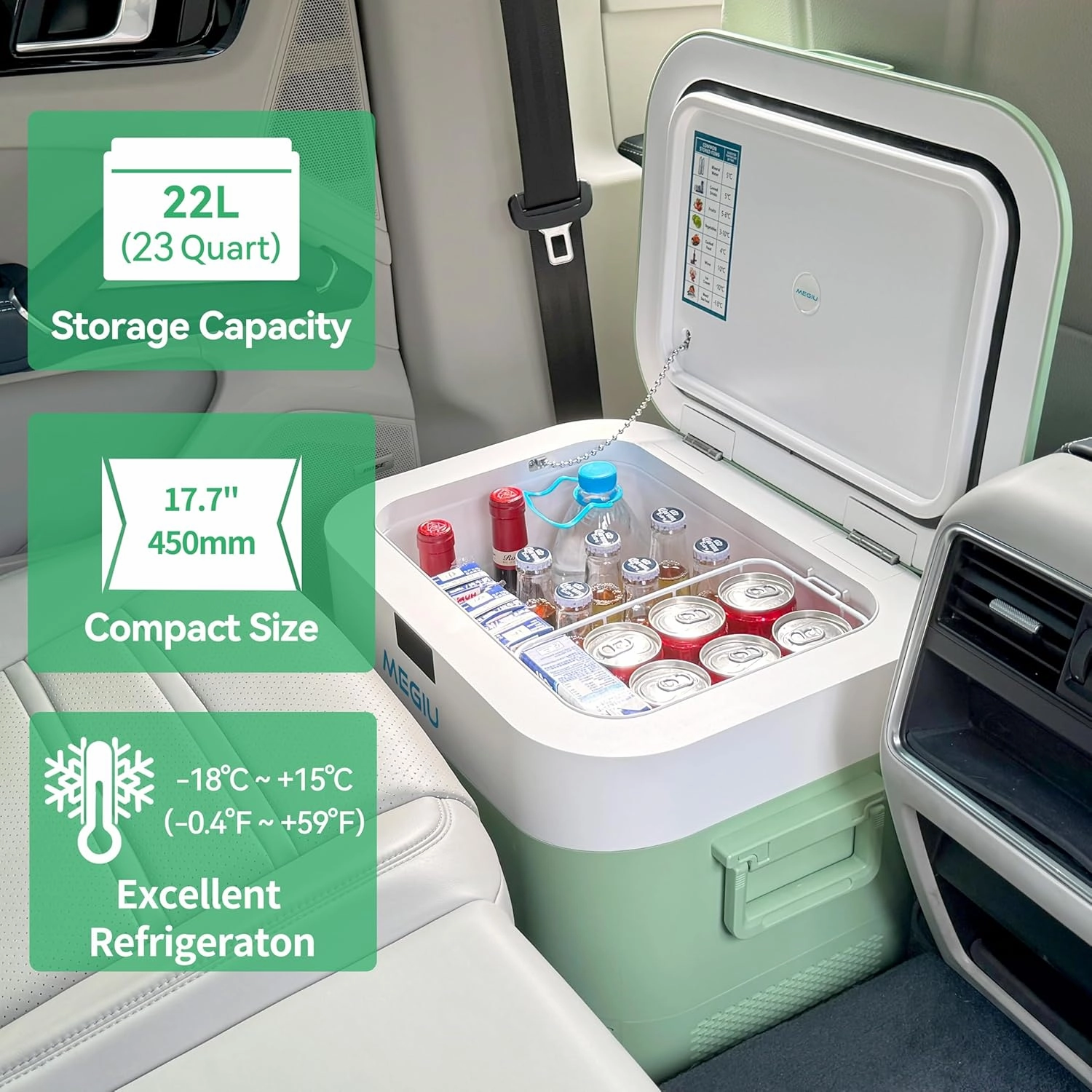 Car Fridge Portable 12 Volt Refrigerator 23 Quart (22 Liter) Freezer Compressor Cooler 12V/24V DC 110～240 V AC for Outdoor, Camping, Travel, Home Use -18℃~ 15℃ (Green)