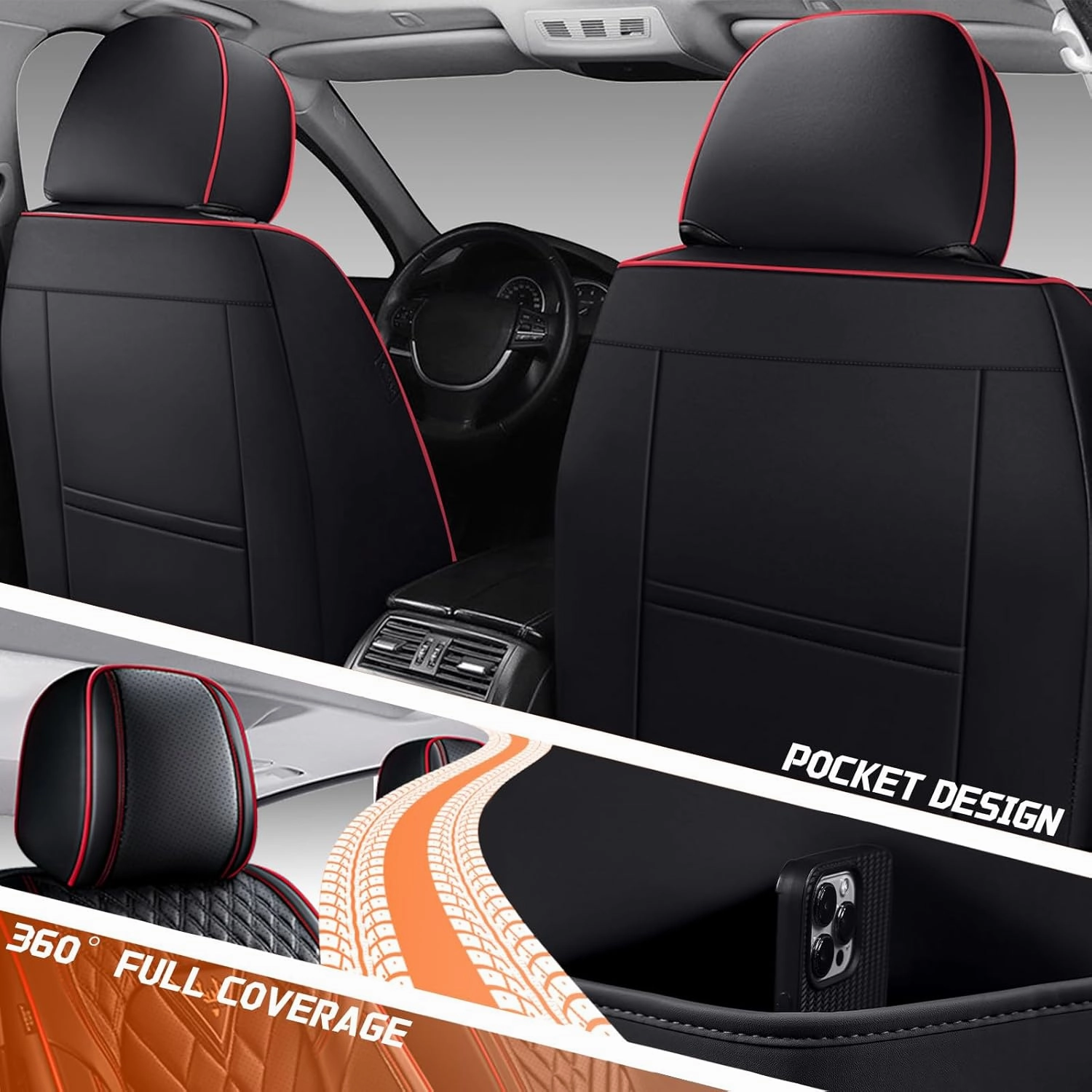 Car Seat Covers Fit for Saturn Ion 2003-2007,5 Seat Comfort Non-Slip Seat Cover Airbag Compatible,Waterproof Leather Seat Covers(Standard 5 Seat,Black Red)