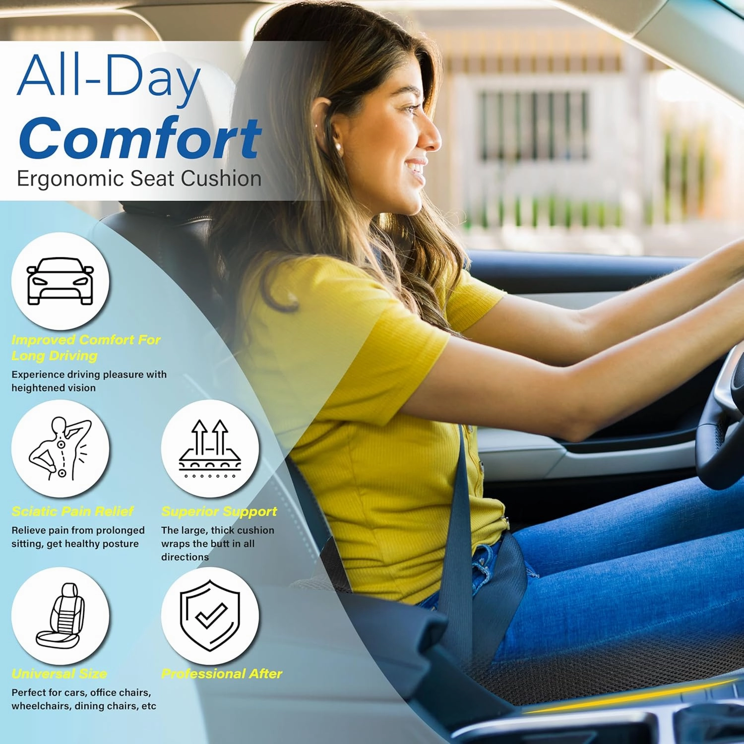 Car Seat Cushion: Ergonomic Memory Foam Seat Cushion for Sciatica Pain Relief, Larger Driving Seat Cushion for Short Drivers on Long Drives - Butt Seat Cushion For Car-Truck, Office - Classic Black