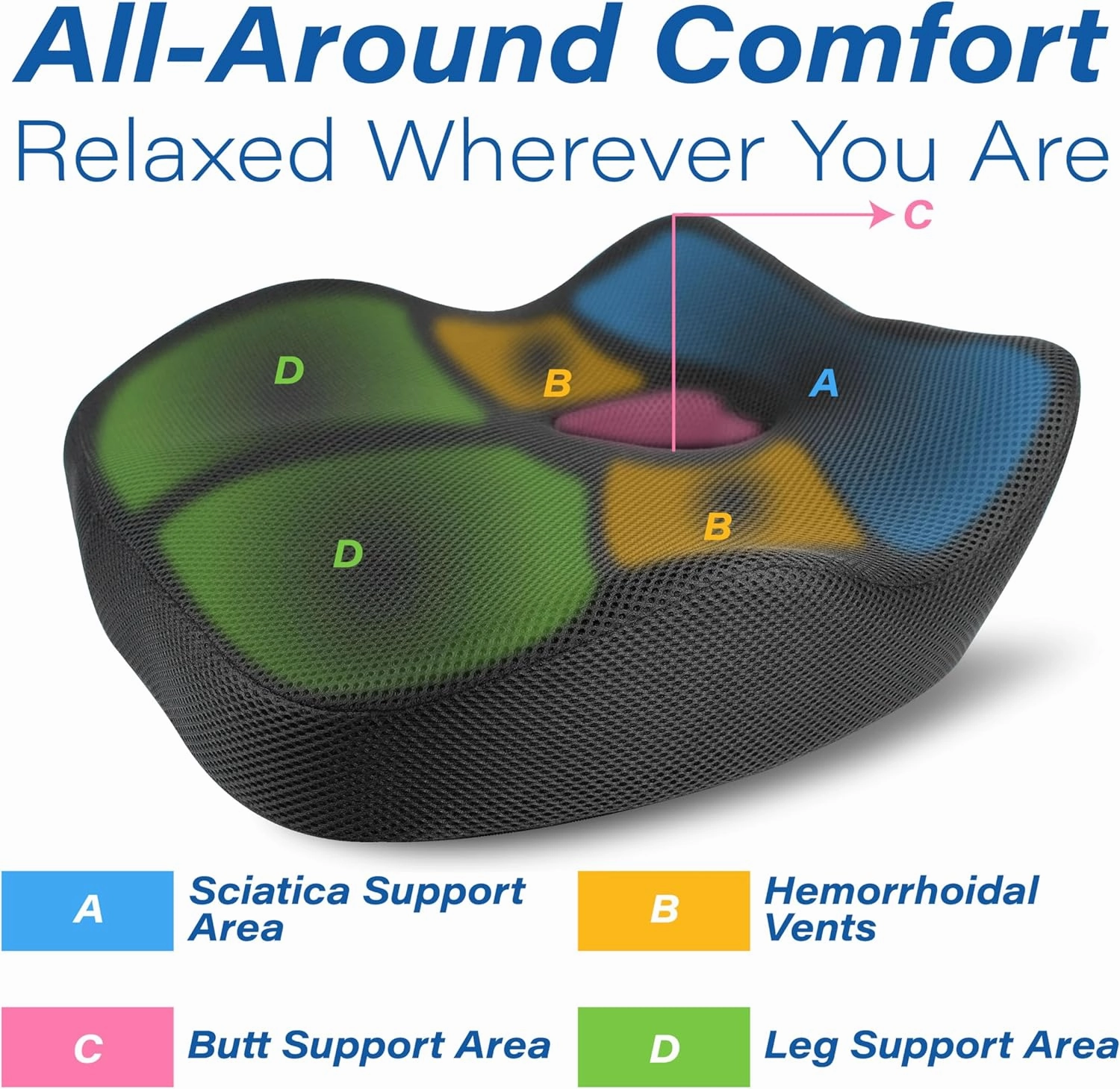 Car Seat Cushion: Ergonomic Memory Foam Seat Cushion for Sciatica Pain Relief, Larger Driving Seat Cushion for Short Drivers on Long Drives - Butt Seat Cushion For Car-Truck, Office - Classic Black
