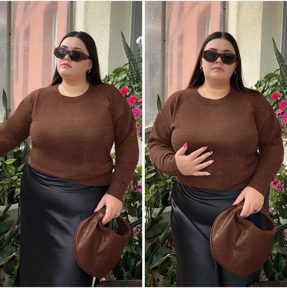 CARCOS Plus Size Sweaters for Women Solid Crew Neck Knit Tops Casual Long Sleeve Pullover Sweater Sparkly Tunic Shirts