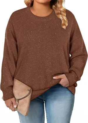 CARCOS Plus Size Sweaters for Women Solid Crew Neck Knit Tops Casual Long Sleeve Pullover Sweater Sparkly Tunic Shirts