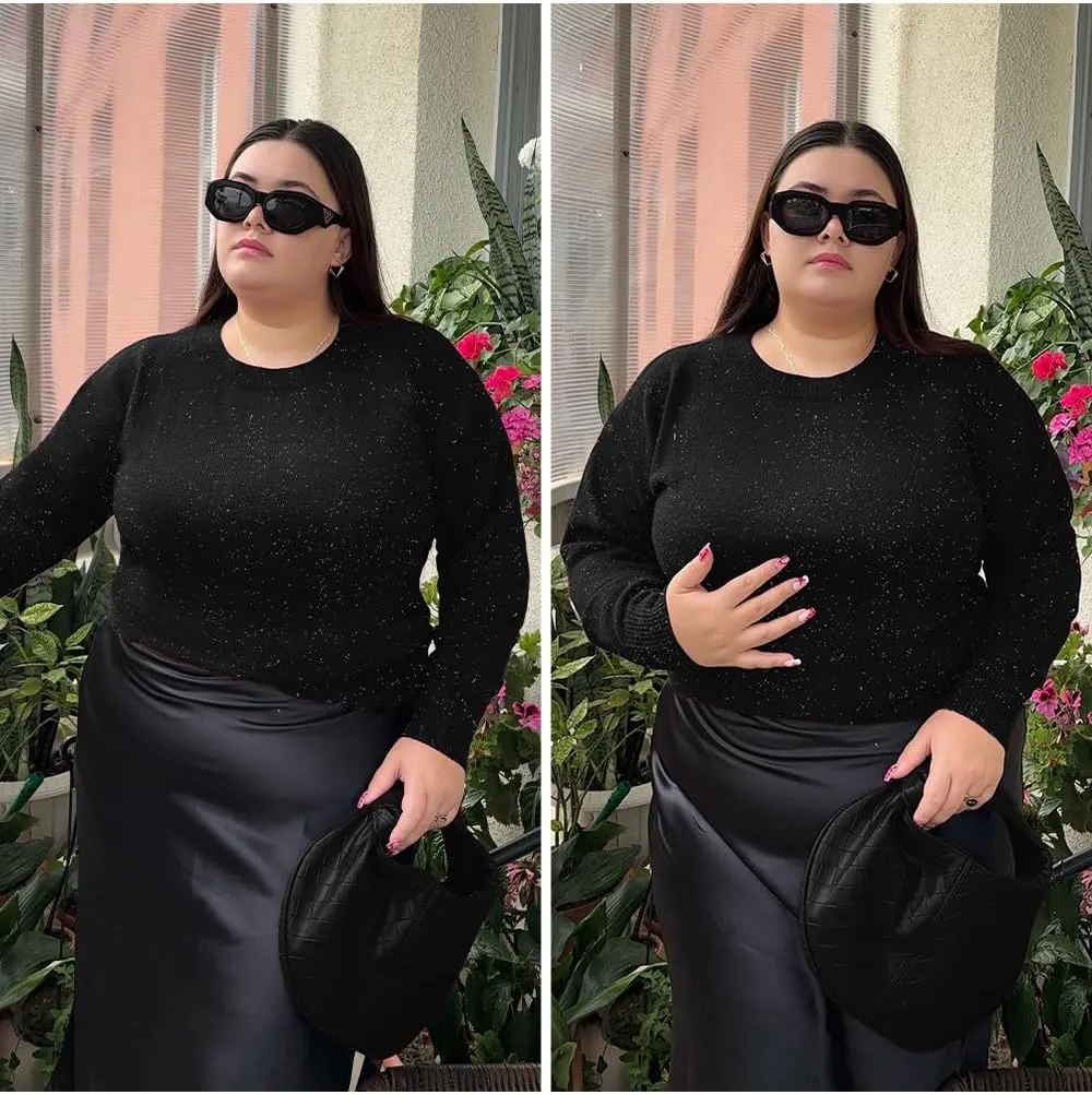 CARCOS Plus Size Sweaters for Women Solid Crew Neck Knit Tops Casual Long Sleeve Pullover Sweater Sparkly Tunic Shirts