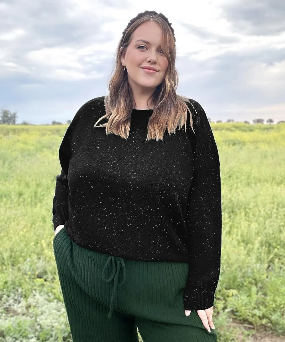 CARCOS Plus Size Sweaters for Women Solid Crew Neck Knit Tops Casual Long Sleeve Pullover Sweater Sparkly Tunic Shirts