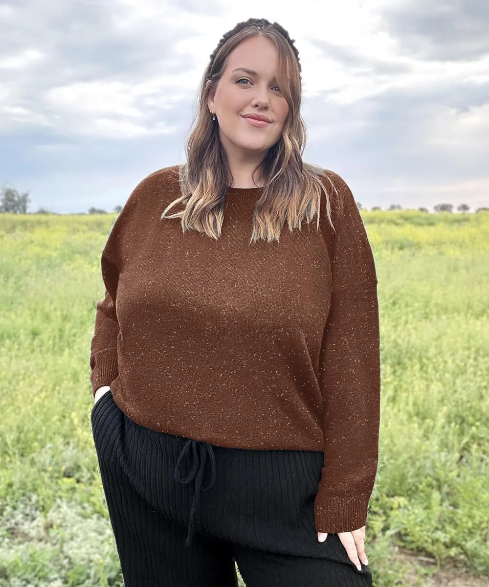 CARCOS Plus Size Sweaters for Women Solid Crew Neck Knit Tops Casual Long Sleeve Pullover Sweater Sparkly Tunic Shirts