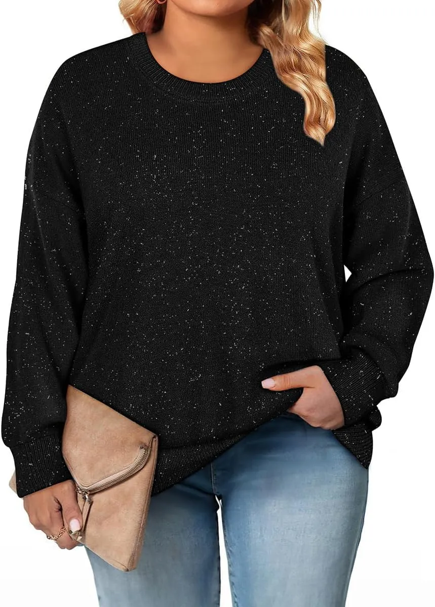 CARCOS Plus Size Sweaters for Women Solid Crew Neck Knit Tops Casual Long Sleeve Pullover Sweater Sparkly Tunic Shirts