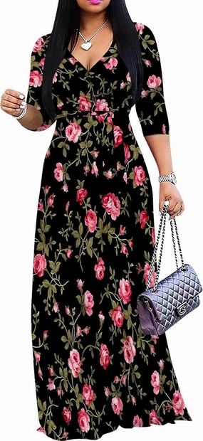 Casual V Neck Maxi Dresses for Women 2025 - Floral Print Summer 3/4 Sleeve Wrap Sundress with Belt