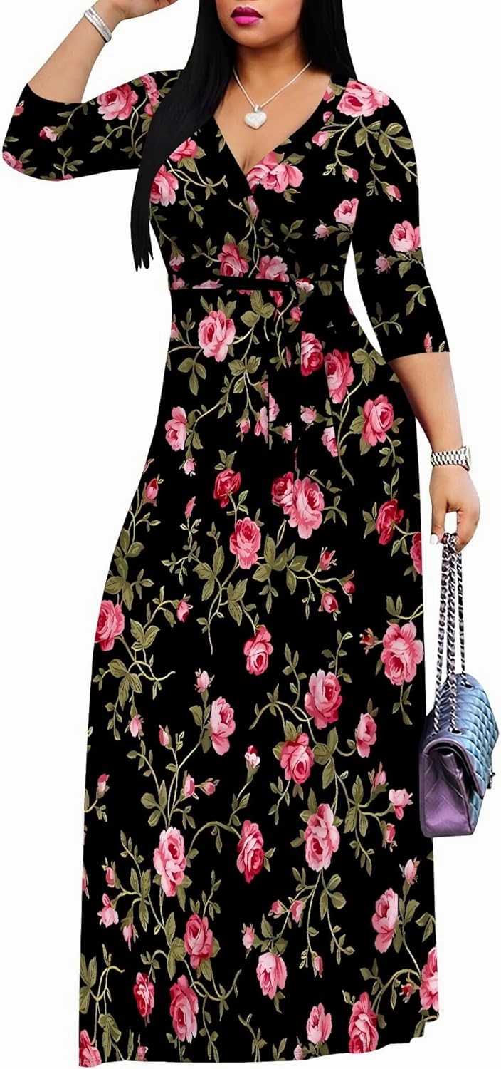 Casual V Neck Maxi Dresses for Women 2025 - Floral Print Summer 3/4 Sleeve Wrap Sundress with Belt