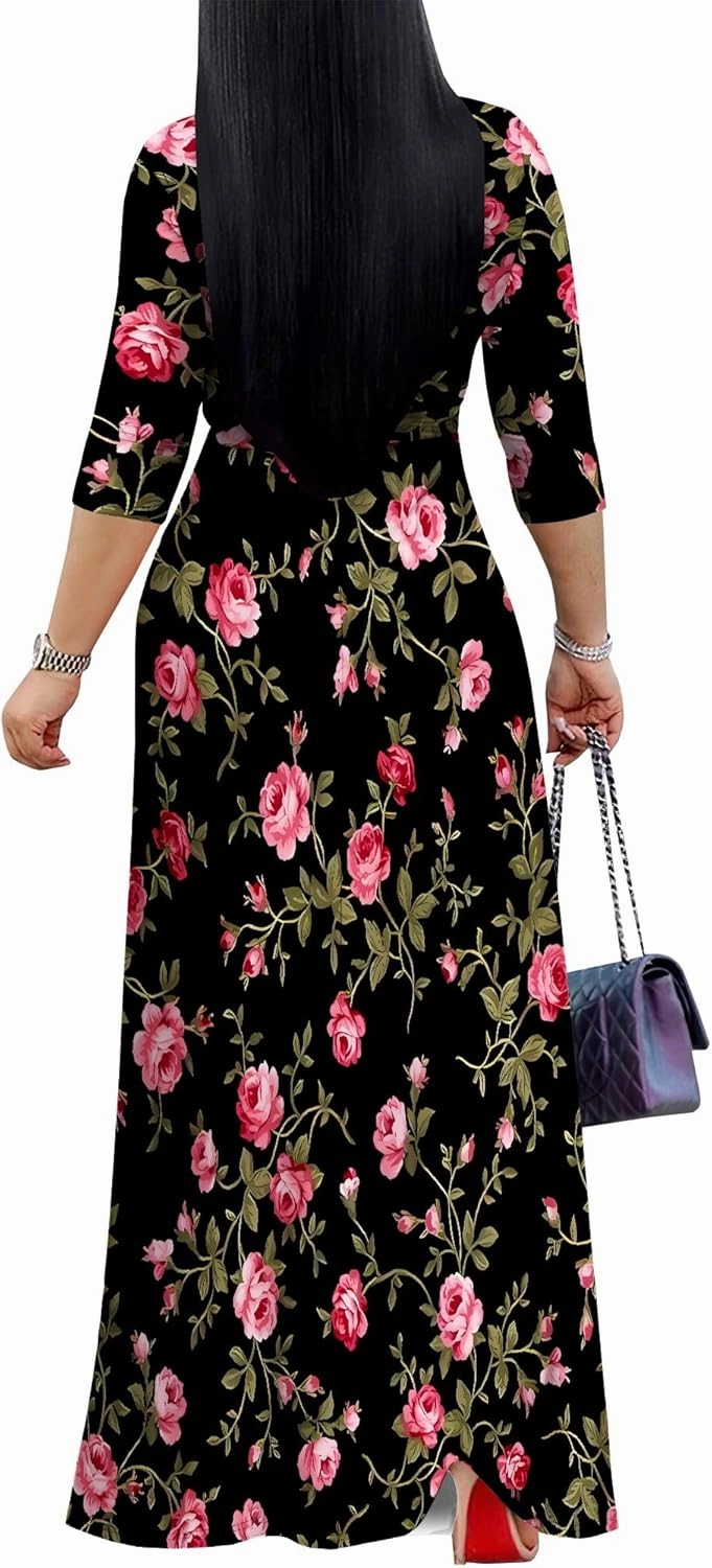 Casual V Neck Maxi Dresses for Women 2025 - Floral Print Summer 3/4 Sleeve Wrap Sundress with Belt