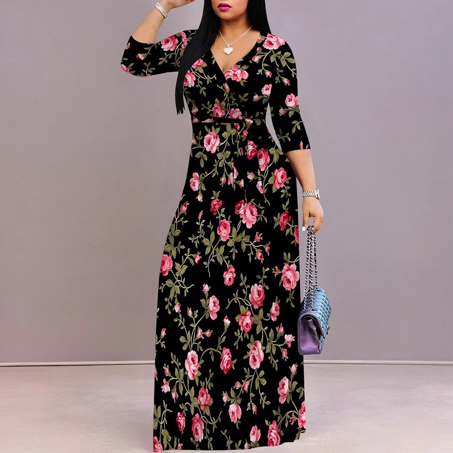 Casual V Neck Maxi Dresses for Women 2025 - Floral Print Summer 3/4 Sleeve Wrap Sundress with Belt