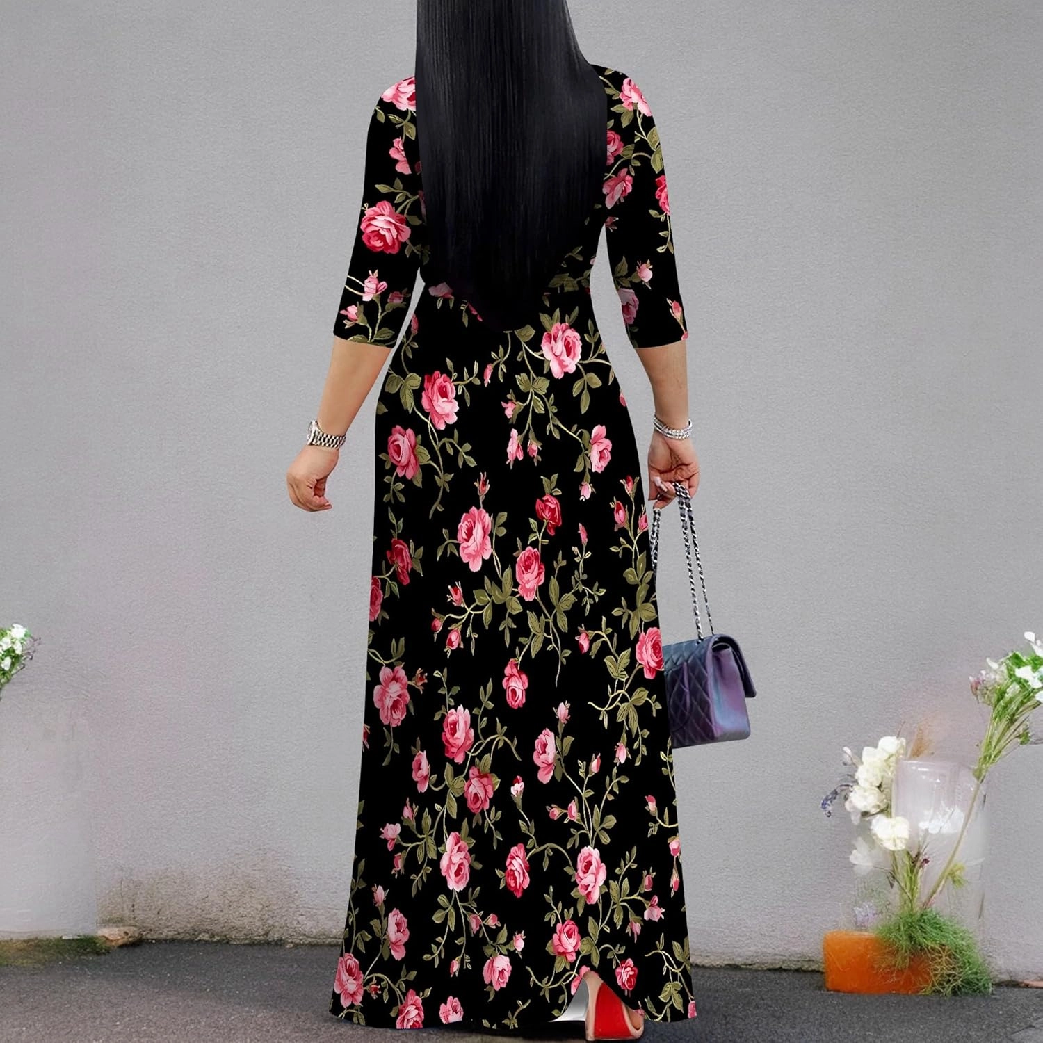 Casual V Neck Maxi Dresses for Women 2025 - Floral Print Summer 3/4 Sleeve Wrap Sundress with Belt