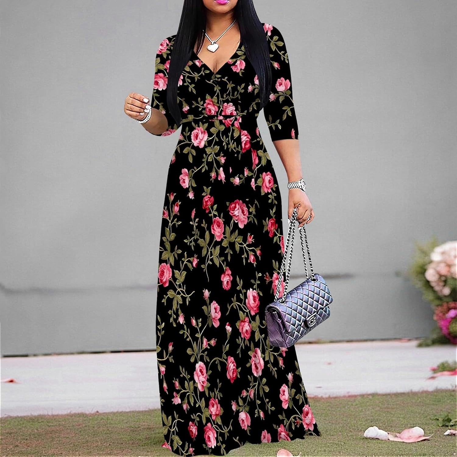 Casual V Neck Maxi Dresses for Women 2025 - Floral Print Summer 3/4 Sleeve Wrap Sundress with Belt