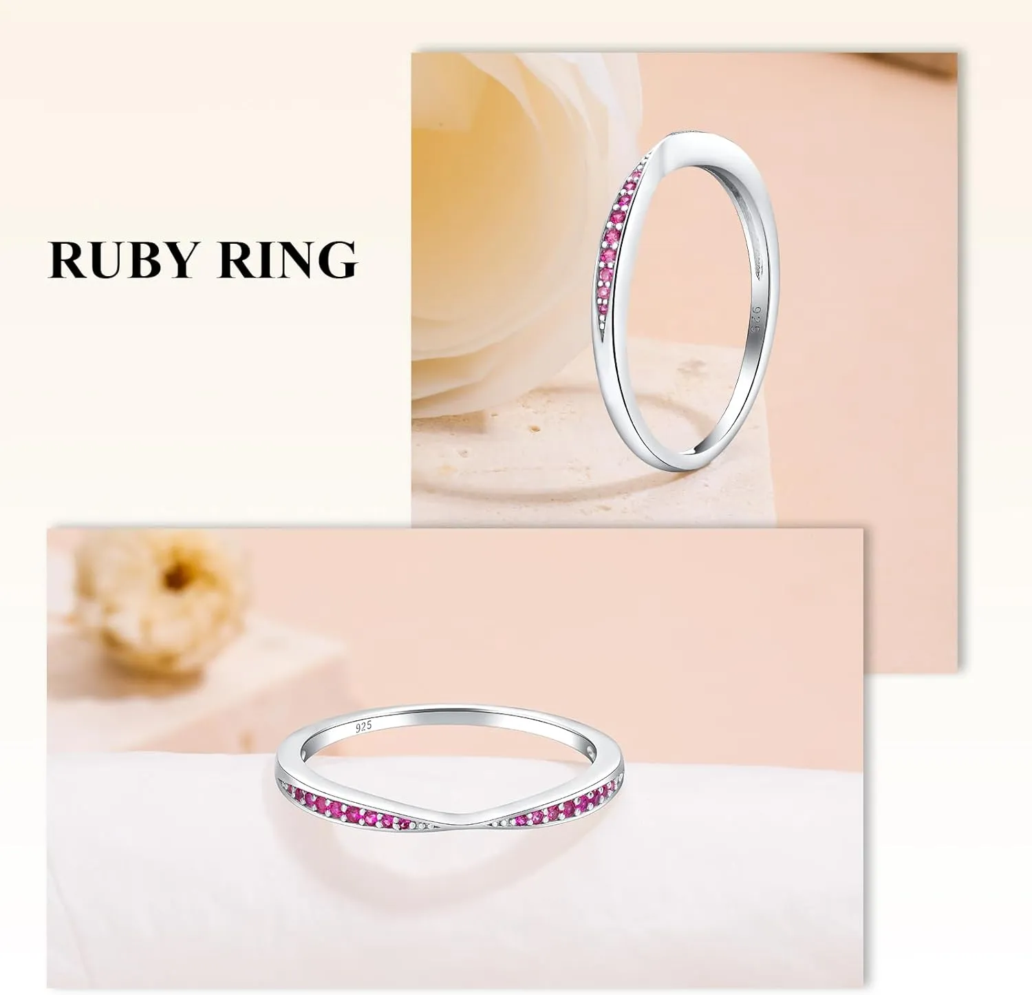 Channel Set Moissanite/Blue Sapphire/Emerald/Ruby Wedding Band 925 Sterling Silver 2mm Width Stackable Birthstone Rings for Lover Women Bow Ring, Size 6 to 10 (Send Gift Box)